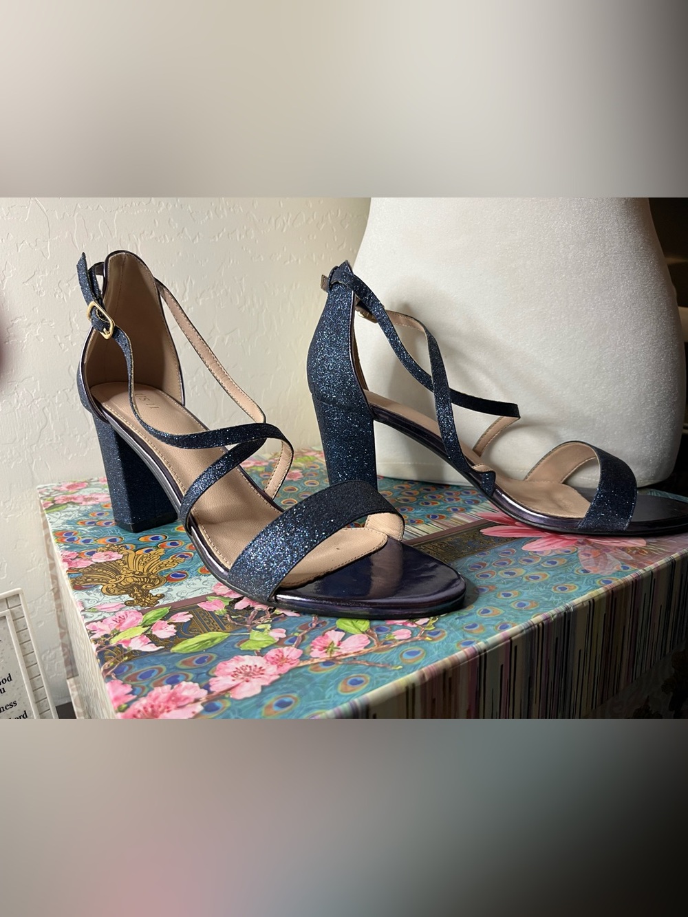 Allegra K Glitter Crisscross Strap Block Heel Sandals Navy Blue Size 11